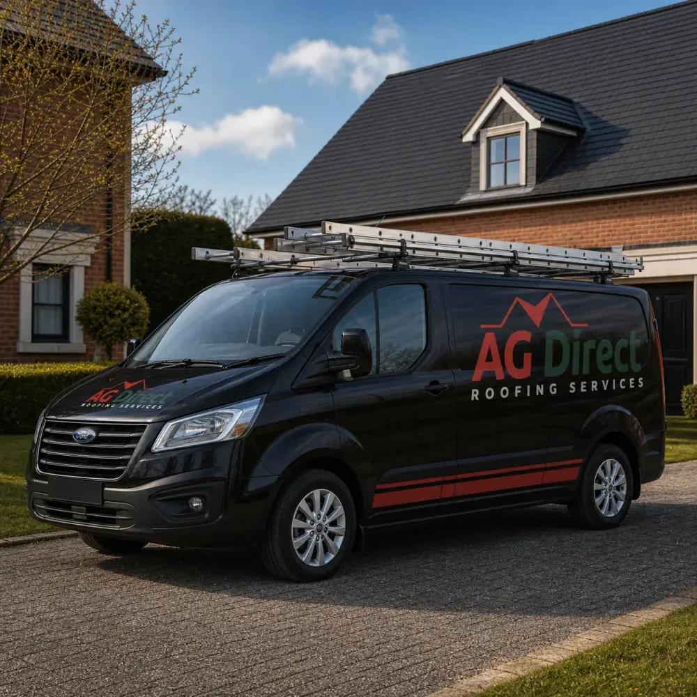 AG Direct Roofing Services branded van outside a residential property