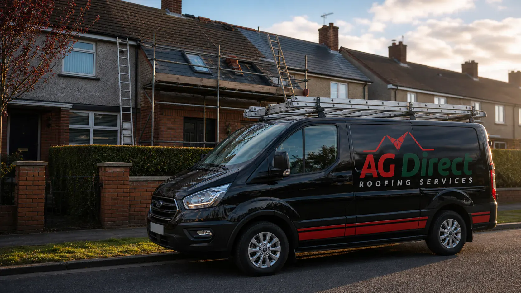 AG Direct Roofing Services branded van outside a residential roofing job